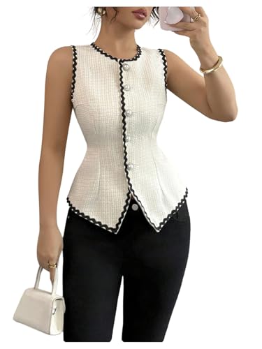 GORGLITTER Women's Pearls Button Down Vest Tops Sleeveless Office Work Suit Vests Waistcoat