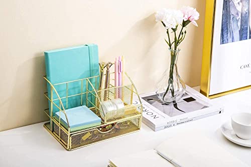 Image of iwilon Desk Organizer with Drawer | Metal Mesh Multipurpose 6 Compartment Storage Holder | Stationery, Makeup, Office Supplies Organizer (Gold) (22.3X15X14.9 CM)
