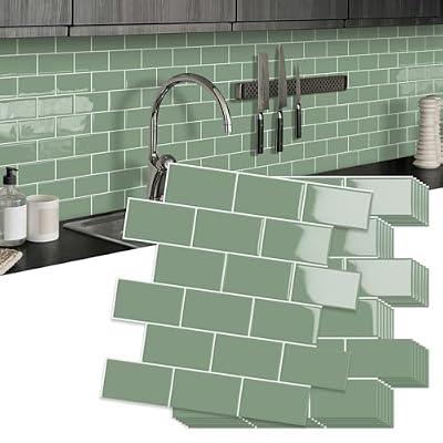 10-Sheet Thick Peel and Stick Kitchen Backsplash Tiles, 3D Subway Waterproof Self-Adhesive Wall Tile Stick on Backsplash for Kitchen and Bathroom(Green,12"×12")