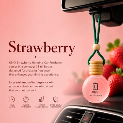 Image of UNO AROMA Strawberry Car Air Freshener, 15ml, Long Lasting Hanging car perfume, Toxin-Free Oil in Glass Bottle with Wooden Diffuser, Car Accessories for fresh aroma, Last Upto-60 Days