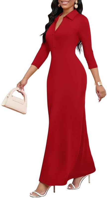 Maxi Dresses for Women Casual V Neck 3/4 Sleeve Bodycon Long Party Holiday Dress Semi Formal Outfits