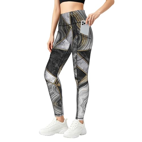 Leggings de mármol negro con bolsillos y elasticidad premium para fitness femenino