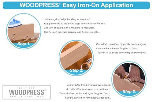 WoodPress 50 mm echtes Koto Kantenband – 7,5 m Kantenstreifen zum Aufbügeln – vorgeklebtes Holzfurnierband für Heimwerkeranwendungen – Kantenband für Möbelrestaurierung – Schmelzklebstoff für