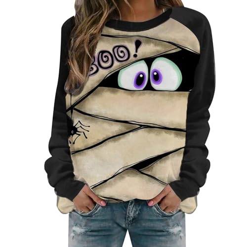 Sweat-shirt sans capuche femmes imprimé pull-over avec poche noir vêtement mode Halloween S