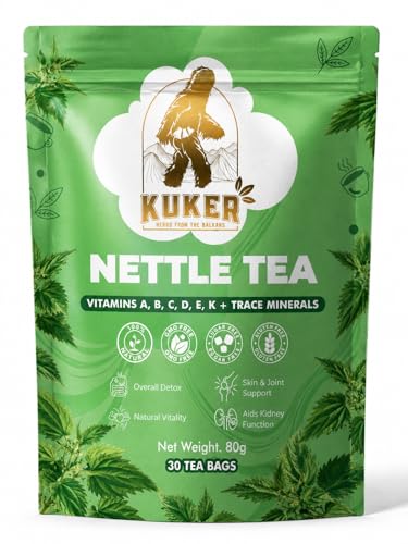 KUKER Nettle Leaf Tea 30 Tea Bags | Pure Stinging Nettle Herbal Tea | Rich in Vitamins A B C D E K & Minerals | Kidney Support | Caffeine-Free | Non-Bleached Bags in Resealable Aluminum Pack