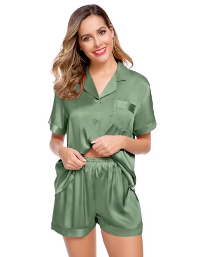 Image of LecGee Womens Silk Satin Pajamas Short Sleeve Loungewear Two-Piece Sleepwear Button-Down Pj Set