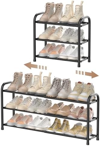 ENJOYBASICS Schuhregal Platzsparend, 3 Ebenen Metall Schuhablage Schwarz | Ausziehbarer shoes rack 45-83 cm Verstellbarer Schuhorganizer, schmal schuhregal für Flur, Eingangsbereic