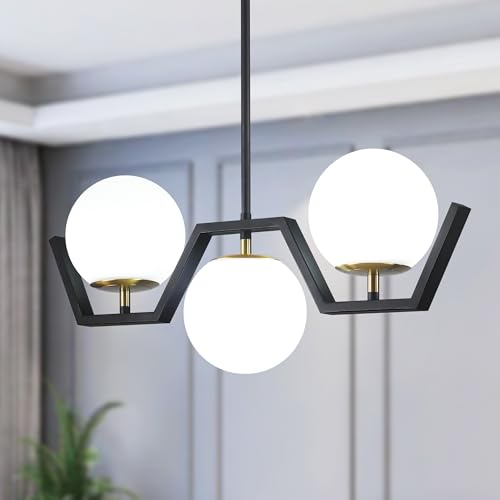 Yidelloc Modern Glass Globe Chandeliers - 3-Light Island Lights for Kitchen & Dining Room - Black & Gold Kitchen Island Lighting Pendant Fixtures -  b022-3