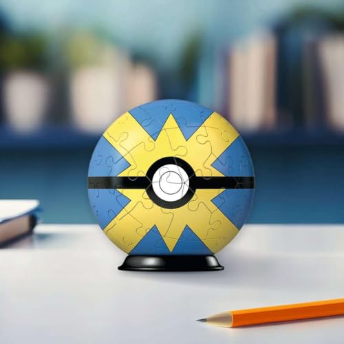 Ravensburger - Puzzle 3D Pokemon Pokeball Bola Rápida, Pokebola amarilla y azul, puzzles niños 6 años, construcción, 54 piezas numeradas, Fácil montaje, Incluye un soporte para decorar