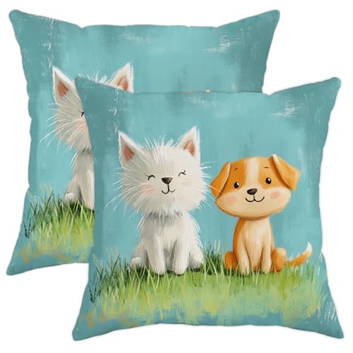 Cute Animal Pillow Covers Set of 2, White Cat and Tan Dog Throw Pillow Cases, Indoor Decorative Square Animal Decor Cushions for Home Sofa Couch, Perfect for Kids Room 16x16 Inch