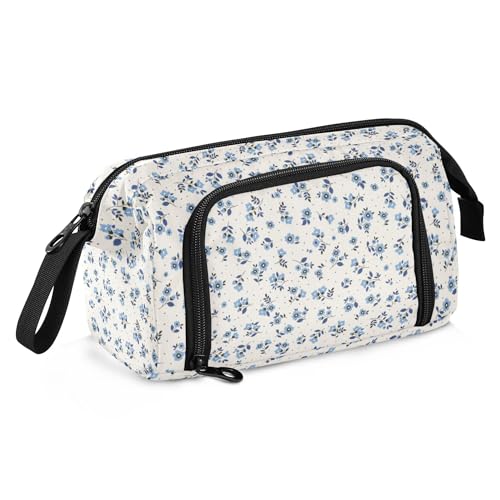 Image of Fisyme Floral Blue Flowers Pencil Case Large Capacity Pencil Pouch Pen Bags Box Big Makeup Pencil Case Organizer