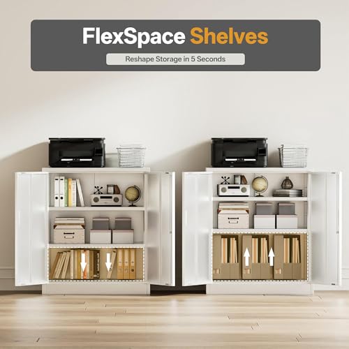 Image of Metal Garage Storage Cabinets,36 inch Steel File Cabinet with 2 Adjustable Shelves, Lockable Storage Cabinets for Office, Home, Garage, Warehouse 36 inch H x 32 inch W x 16 inch D (White)