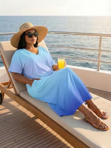 Image of SUZONANA Women Casual T-Shirt Dress V Neck Short Sleeve Solid Color Oversize Dress with Front Two Pockets