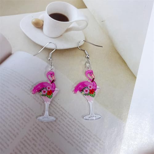 Cute Wine Glass Flamingo Flower Pink Dangle Drop Earrings for Women Teen Girls Dainty Lightweight Acrylic Animal Hook Statement Dangling Hanging Hypoallergenic Fashion Jewelry Party Valentine's Day3