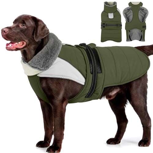 Image of MIGOHI Dog Winter Coat - Reflective Medium Dog Snow Jacket with Thick Turtleneck,Windproof Pet Fleece Vest, Cold Weather Coat for Medium Dogs, Snowproof for Hiking,Camping,L,ArmyGreen