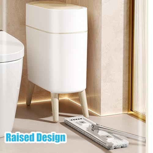Image of Yatmung 2 Pack - Motion Sensor Trash Can with Lid - Slim Smart Garbage Can | Waste Basket for Bedroom, Office, Kitchen, Living Room - Automatic Trash Can Bathroom Touchless - White with Wooden Legs