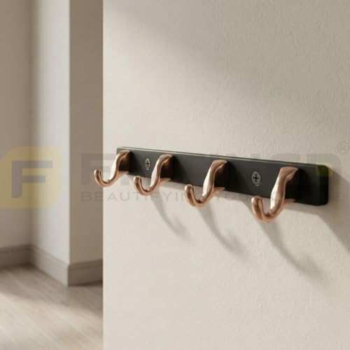 Image of 4 Hook Modern Bathroom Hooks for Hanging /Cloth Hooks for Door Back Side /Cloth Hanger for Wall (Rose Gold with Black) Pack of 1-| 3 Years Warranty |