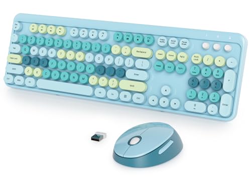 Image of Fogruaden Blue Keyboard and Mouse Wireless, Retro Typewriter Keyboard, 2.4GHz 104 Keys Full Size Cute Keyboard with Number Pad, Blue Colorful Keyboard with Retro Round Keycaps for Windows PC Laptop