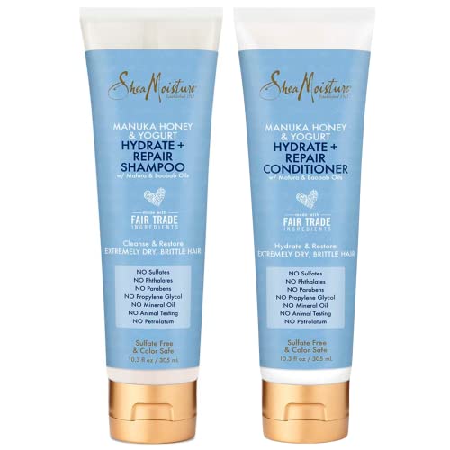 Shea Moisture Shampoo and Conditioner Set, Manuka Honey & Yogurt Hydrate + Replenish, Intensive Hydration for Dry Hair, Vitamin C, Sulfate Free & Hair Color Safe, Deep Conditioning, 10.3 Fl Oz Ea