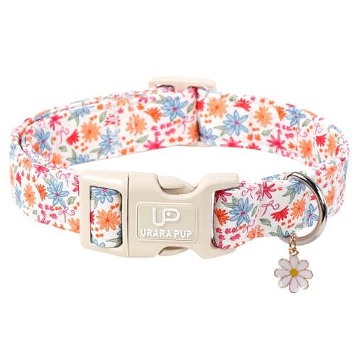 Image of Floral Cotton Dog Collar,Summer Flower Print Dog Collar, Soft Adjustable Puppy Collars with Flower Charm & Quick Release Buckle for Small Medium Large Dogs