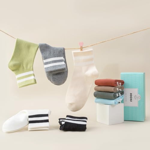 SISOSOCK Quarter Crew Cotton Socks for Women Striped Athletic Casual Breathable Socks 6-10 Pairs with Gifts Box2