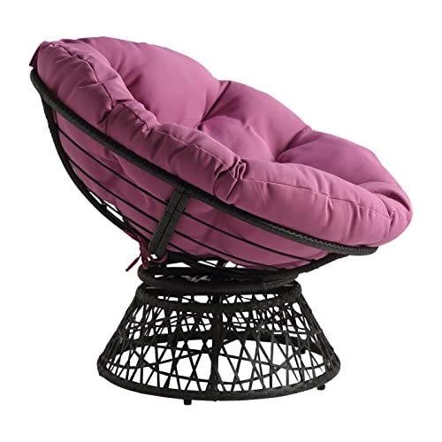 Image of OSP Home Furnishings Wicker Papasan Chair with 360-Degree Swivel, 40 inch W x 36 inch D x 35.25 inch H, Grey Frame with Purple Cushion