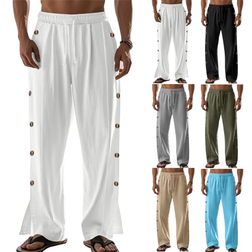 Men's Button Straight Yoga Pants Side Snap Tear Away Pants 2025 Casual Linen Drawstring Baggy Sweatpants with Pockets4