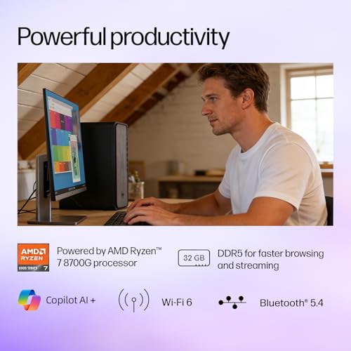 Image of HP OmniDesk Desktop Computer, AMD Ryzen 7 8700G, 32GB DDR5 RAM, 1TB PCIe SSD, AMD Radeon 780M Graphics, USB-C&A, HDMI, DisplayPort, Wi-Fi 6, Win11 Pro, Business & Home Office PC, Keyboard and Mouse
