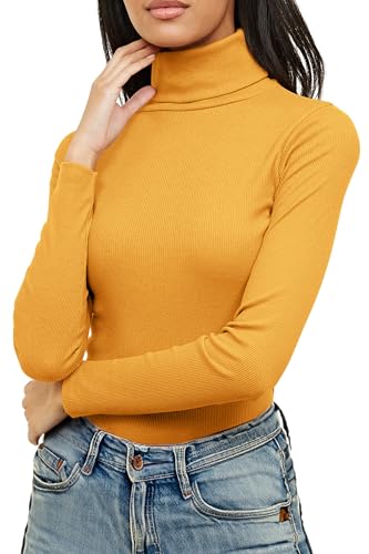 Jersey Acanalado para Mujer - Cuello de Cisne y Manga Larga - Algodón - Mostaza - L/XL - UK 16-18/EU 44-46 (Talla Grande)