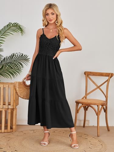 Image of Dokuritu Women's Beach Crochet Lace Maxi Dress Solid Color Summer Vacation Wedding Guest Spaghetti Strap Long Dress