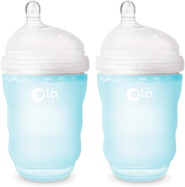 Olababy Gentle Silicone Baby Bottle, Anti-Colic, BPA Free, Easy to Clean and Wide Neck Baby Bottles Best for Breast Feeding Babies 2 Piece Set (8 oz, Sky)
