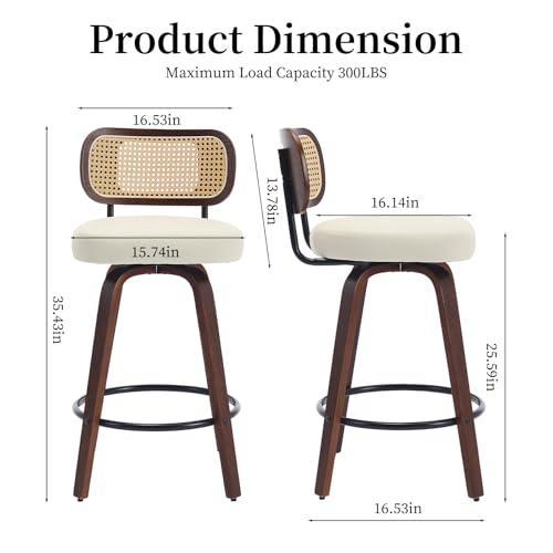 Image of Swivel Counter Height Bar Stools Set of 4, 26 inch Bar Chairs with Curved Rattan Back, Upholstered PU Leather, Walnut Craftsmanship, Mid Century Modern Counter Stools for Kitchen Counter, Beige