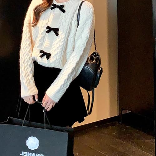 Womens Bow Knot Cardigan Sweater Long Sleeve Crew Neck Cable Knit Cardigan Coats Y2K Open Front Pullover Tops3