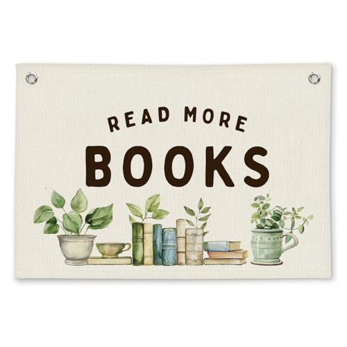 ETVISO Read More Books Botanical Reading Room Decor - Linen Banner Wall Hanging Canvas Banner Flag Decor for Kids Nursery Toddler Reading Corner Nook Classroom Library