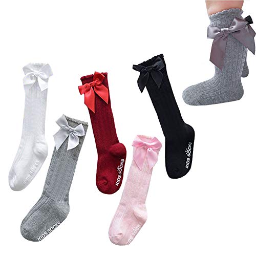5 Pack Of Sweet Bowknot Baby Girls Socks Infant Cotton Knee High Socks (2-4T)