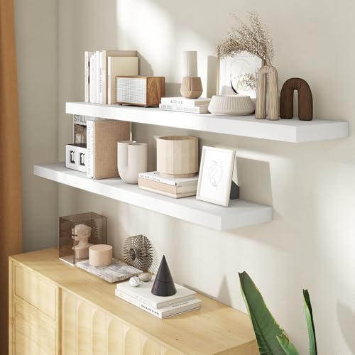 Image of 55 Inch Floating Shelves for Wall, 8 Inch Deep Floating Shelf for Storage & Display, Rustic Wall Mounted Shelf with Invisible Brackets for Living Room, Kitchen, Bathroom, Home Decor, Set of 2, White