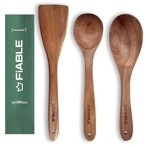 Image of FiABLE Pure Neem Wood Spatula Set for Cooking, Baking and Mixing - No Harmful Polish, Naturally Antimicrobial and Non-Stick - Turner, Spoon, Serving Spoon - Set of 3