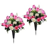Lodou Set of 2 Artificial Cemetery Flowers, Memorial Flowers Bouquet,Grave Memorial Flowers with Vase for Cemetery Headstones Decoration (Pink White)
