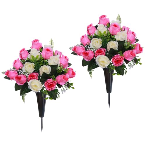 Lodou Set of 2 Artificial Cemetery Flowers, Memorial Flowers Bouquet,Grave Memorial Flowers with Vase for Cemetery Headstones Decoration (Pink White)