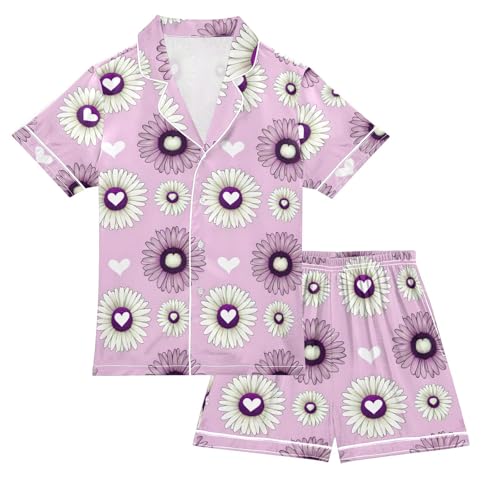 ALAZA Chamomile Flower Blossom Pajamas Satin Pajama Set Short Sleeve Button Down Sleepwear