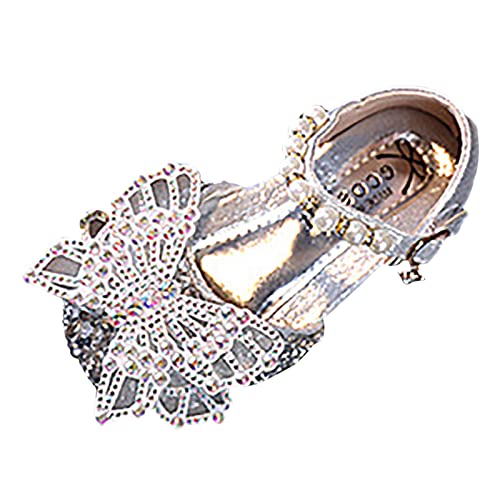 Girls White Dress Shoes Spring and Summer Girls Sandals Dress Performance Dance Shoes Pearl Rhinestone Bow Shoes (Silver #1, 9 Toddler)
