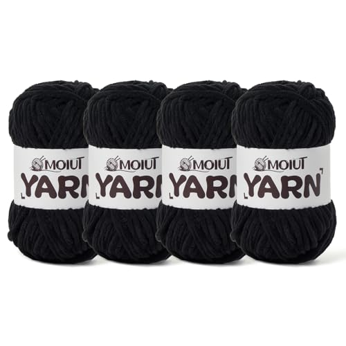Image of 4 Packs Fluffy Chenille Yarn for Crocheting, Chunky Velvet Yarns for Crochet Amigurumi, Baby Yarn for Crocheting Soft Blanket, 349.9yds /14.1 oz Bulky Yarns for Crafts /Hats /Shoes /Socks (4 Black)