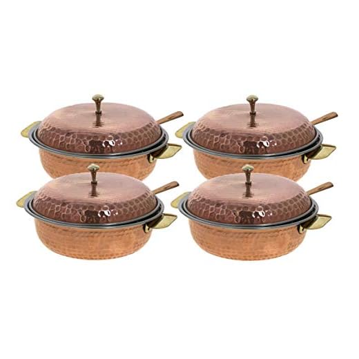 PARIJAT HANDICRAFT Set of 4 Indian serveware donga stainless steel copper serving bowl tureen with spoon and lid Size- 9 Inch