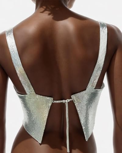 PartyArt Women's Sparkly Rhinestone Top ， Sexy Metallic Sleeveless Trendy Spaghetti Strap Tube Vest Rave Party Clubwear2