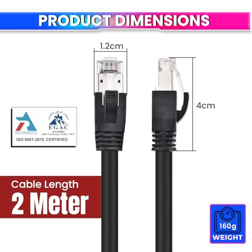 Image of amiciTools Cat8 Ethernet Cable with 22AWG Solid Core 2 Meter | 40Gbps Ultra High-Speed LAN Cable, 2000MHz Bandwidth, Gold-Plated RJ45, Shielded Network Cable for Gaming, Routers & Servers