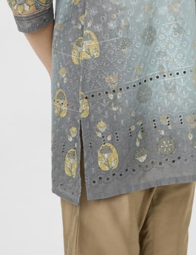 Image of Soch Womens Powder Blue Cotton Blend Floral Embroidered Tunic with Schiffli