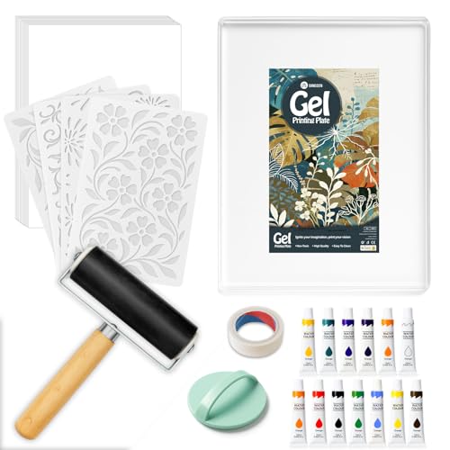 DINGSEN Gel Printing Plate Kit Complete Printmaking Set with 5 X7 Gel Plate Brayer Watercolor Paints A5 Printmaking Paper and Essential Tools for Mixed Media Art Monoprinting Card Making
