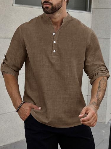 Image of GRECIILOOKS Kurta for Man | Shirt for Man Regular Fit | Mens Casual Shirts | Linen Shirt for Man's | Full Sleeve Shirts for Mens Stylish | Mandarin Collar | Kurta Placket Style