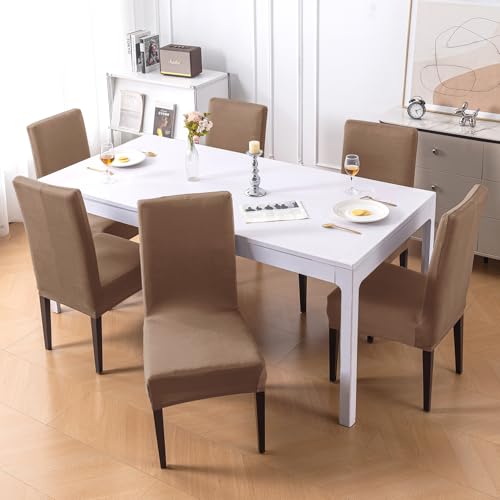 Image of HOKIPO 'SereneSolids' 140 GSM Polyester Blend Dining Chair Cover Set of 6, Dark Camel (AR-6246-DCML)
