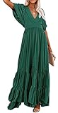 CHARTOU Women's Boho Ruffle Sleeve Flowy Maxi Dress Lace Up Back Tiered Party A Line Dress (XX-Large,Green)